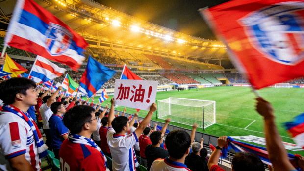 足球场内看台上球迷为比赛欢呼的现场画面